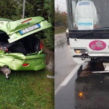 FOTO: Un nou ACCIDENT la RÂURENI. Un autobuz de la Faurecia a intrat în coliziune cu un Peugeot