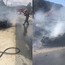 FOTO: Un BMW X5 a fost mistuit de flăcări pe DN 67, între Râmnicu Vâlcea și Horezu