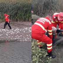 FOTO-VIDEO. Bărbat salvat de pompieri din mâlul de pe marginea Oltului. Era afundat până la brâu